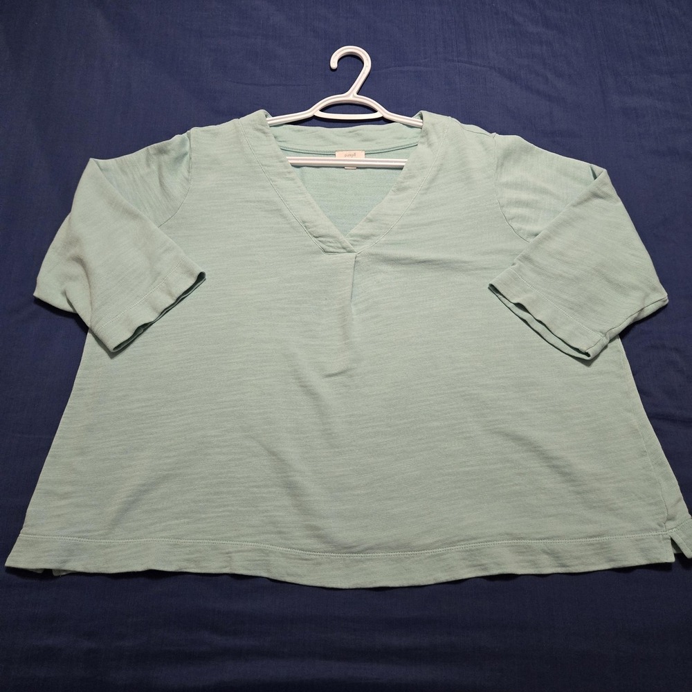 Pure Jill Shirt Womens XL Petite Green 100% Cotton V-Neck Tunic Top Short Sleeve